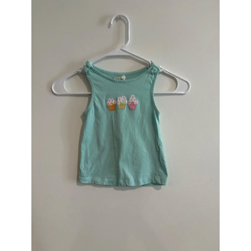 Sfera Cupcake Embroidered Tank Top girls Size 3-4 Mint Green Shoulder Knots